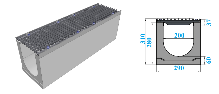 Бетонный лоток dn200 h200 с чугунной решеткой