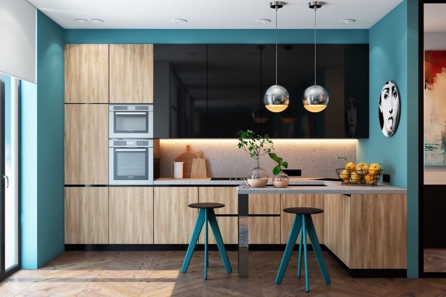 Голубая стильная кухня