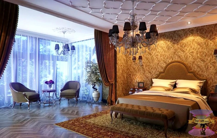 Spalnya w stile klassika s panoramnym oknom