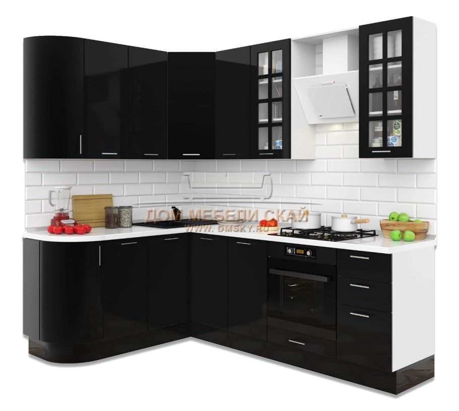 Черно белая угловая кухня