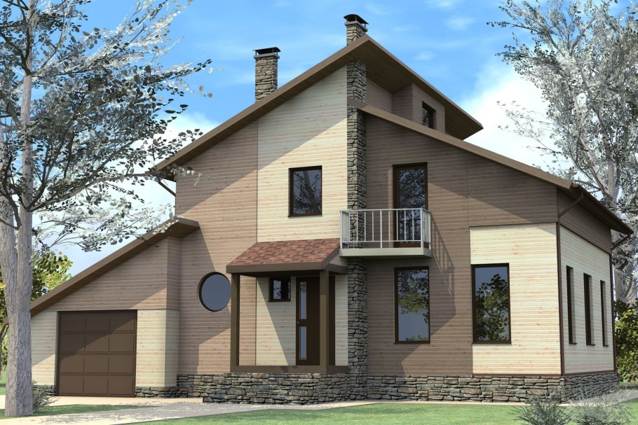 Двухцветный фасад дома с мансардой