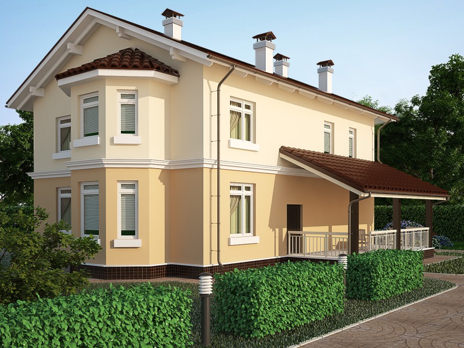 Оштукатуренный двухэтажный дом