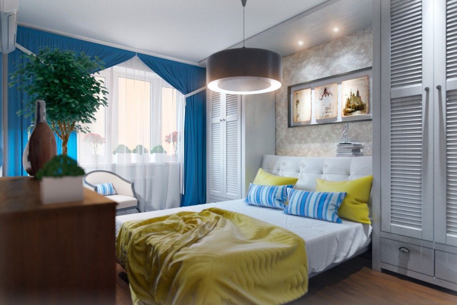 Голубой шкаф в интерьере спальни