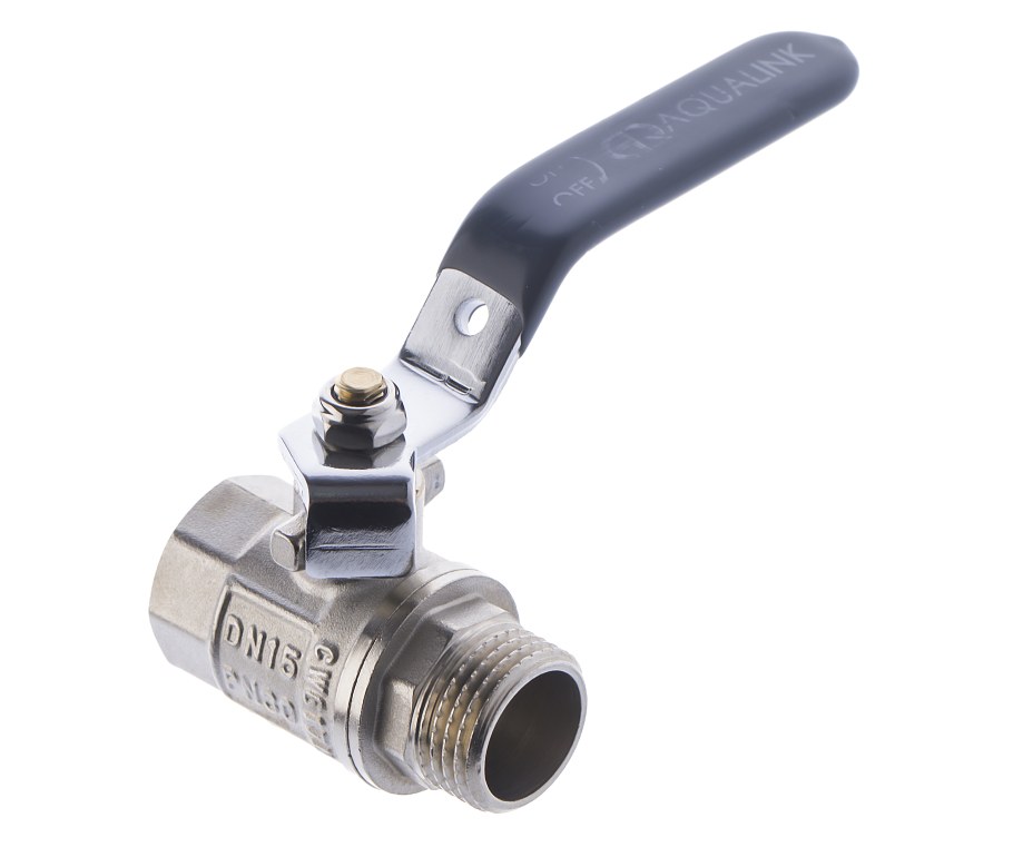 Кран шаровой aqualink FXM 1/2" B, гайка-штуцер, ручка "рычаг", 01149