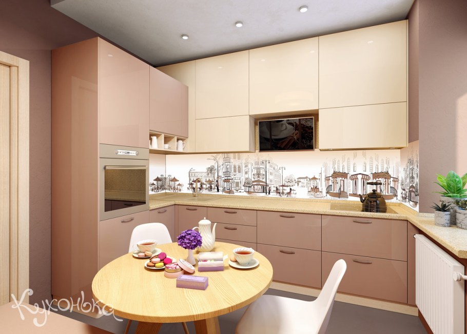 Кухня в бежево розовых тонах