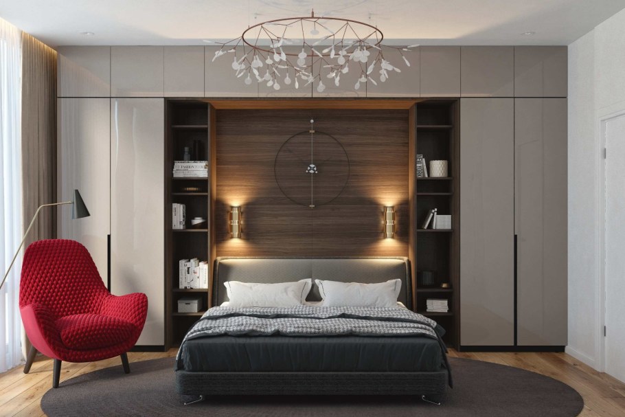 Серая спальня шкаф вокруг кровати