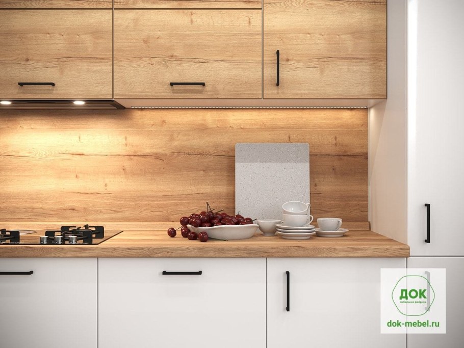 Белая кухня со столешницей дуб Вотан