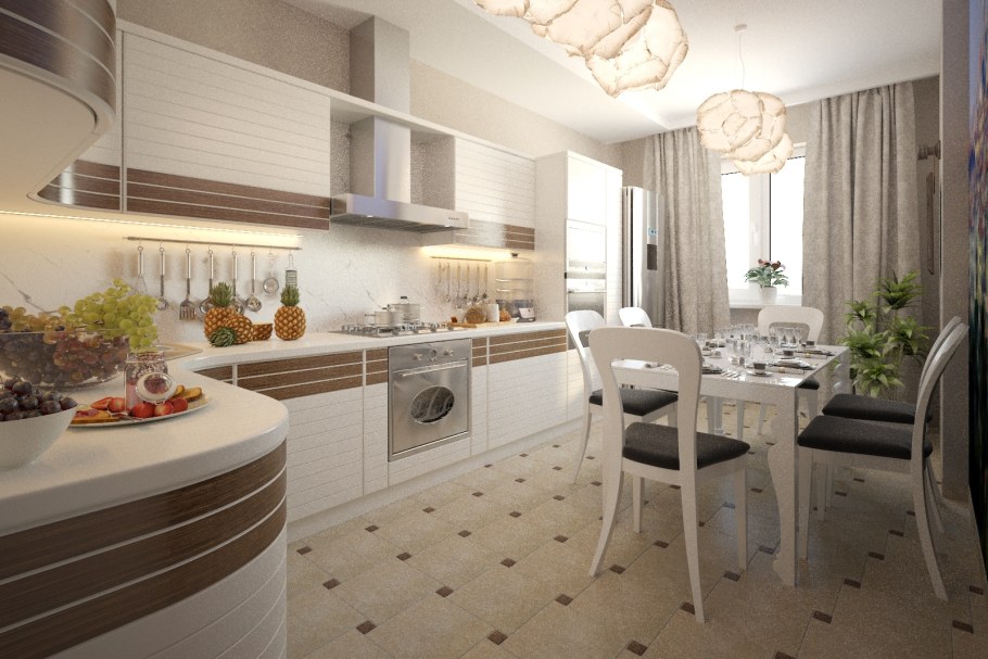 Кухня в светлых тонах в частном доме