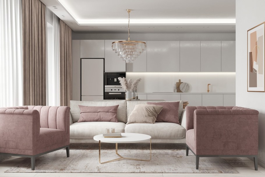 Интерьер гостиной в нюдовых тонах