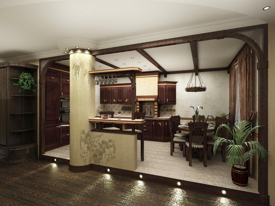 Кухня-столовая-гостиная с барной стойкой