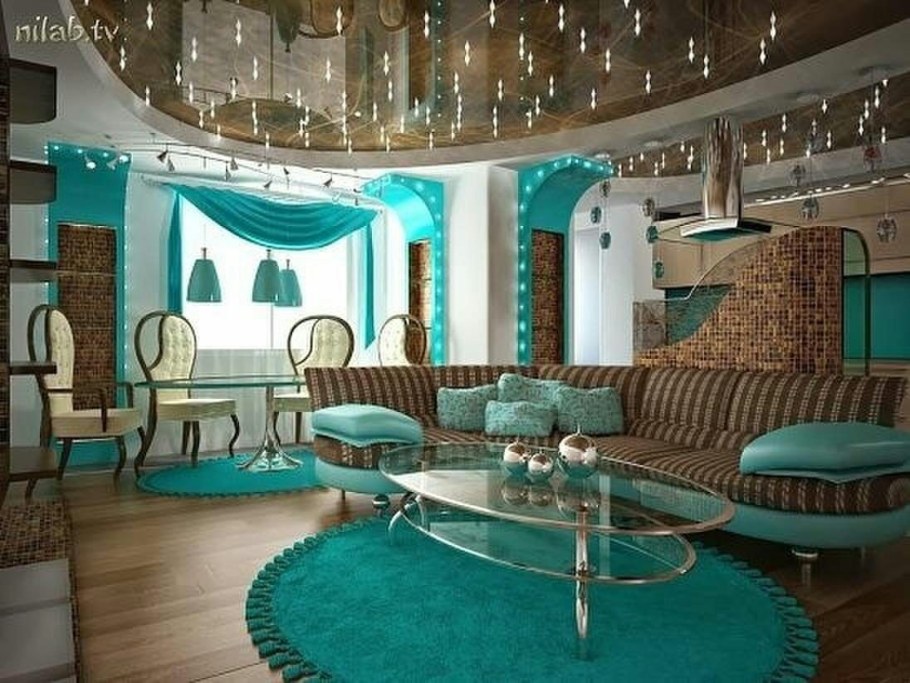 Коричнево бирюзовая гостиная