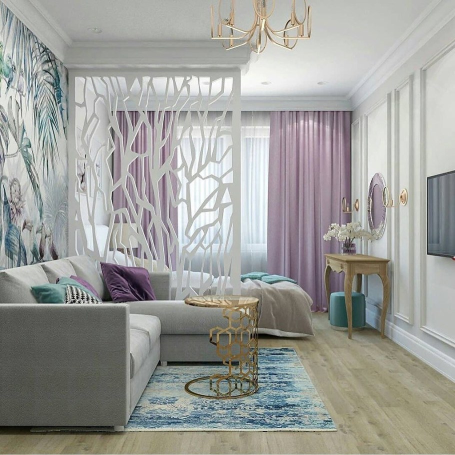 Спальня гостиная в светлых тонах зонирование