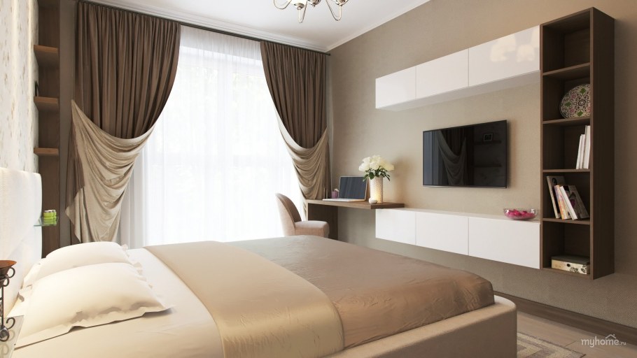 Коричневые шторы в светлой спальне