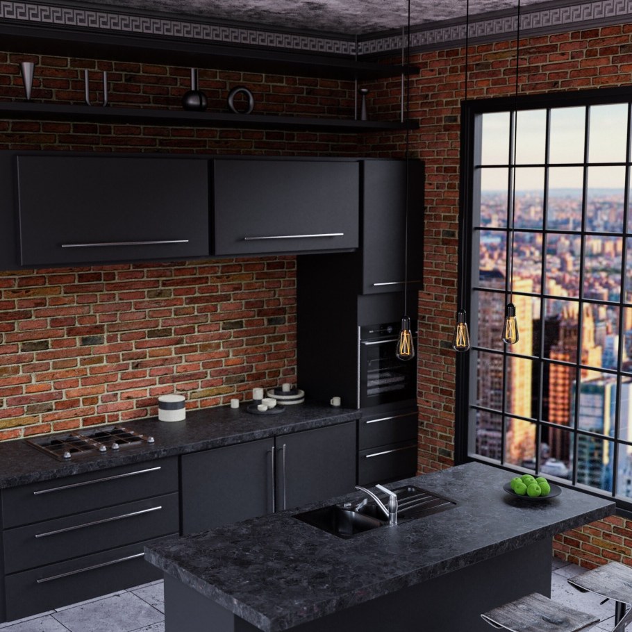 Кухня лофт черная с деревом