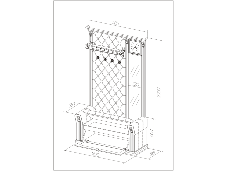 Вешалка «благо» с подлокотниками, полкой, зеркалом и часами б5.12-1