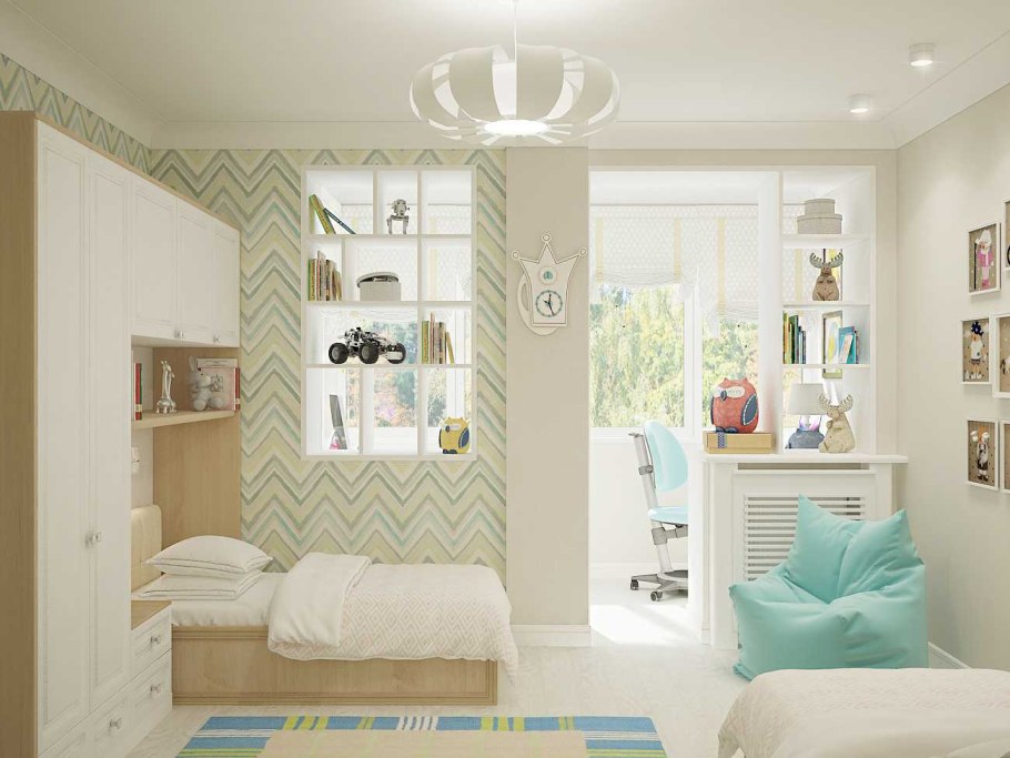 Нейтральный дизайн проект детской комнаты для мальчика и девочки