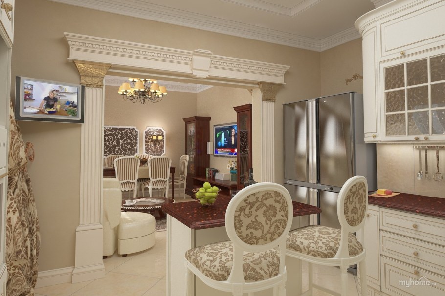 Кухня-гостиная с колоннами