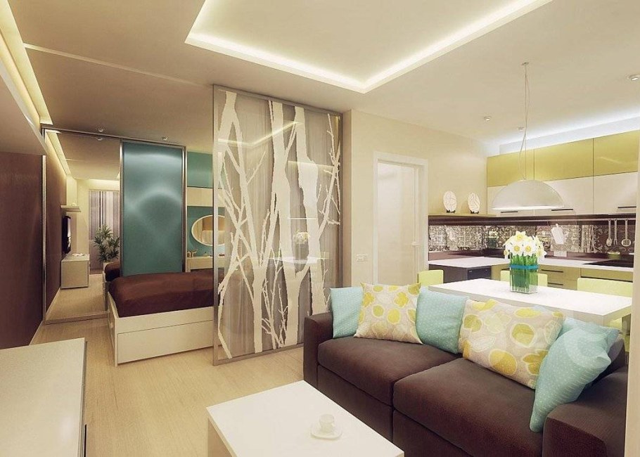 Зонирование кухни и гостиной и спальни