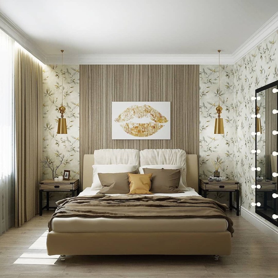 Бежевые обои в спальне