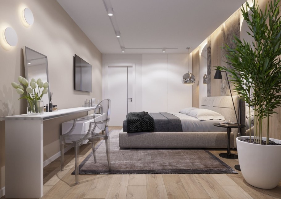 Споты в интерьере спальни