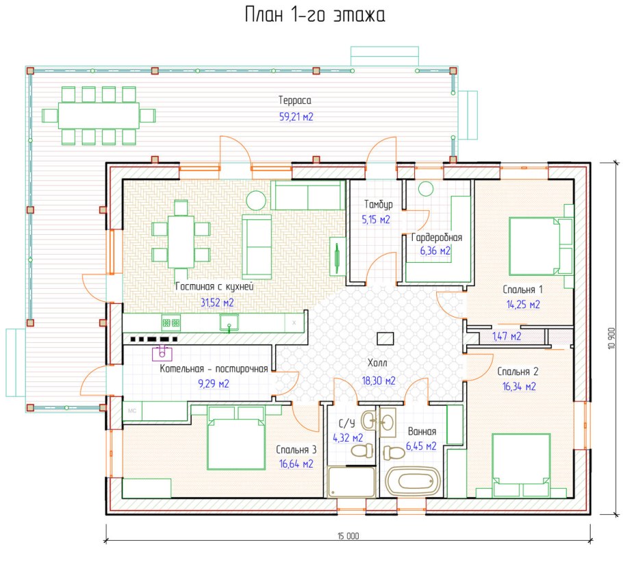 Одноэтажный дом 140м2 планировка