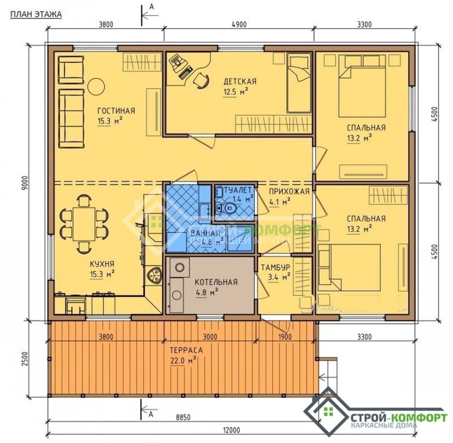 Проект одноэтажного каркасного дома 9х12