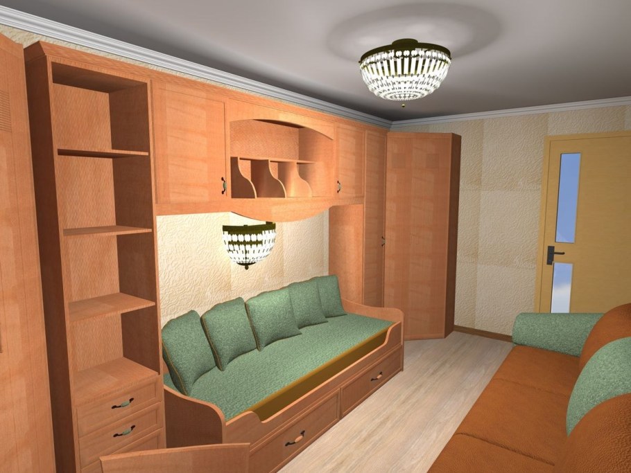 Планировка зала с диваном и шкафом