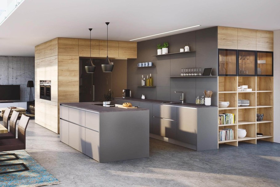 Кухня цвет бетон и дерево