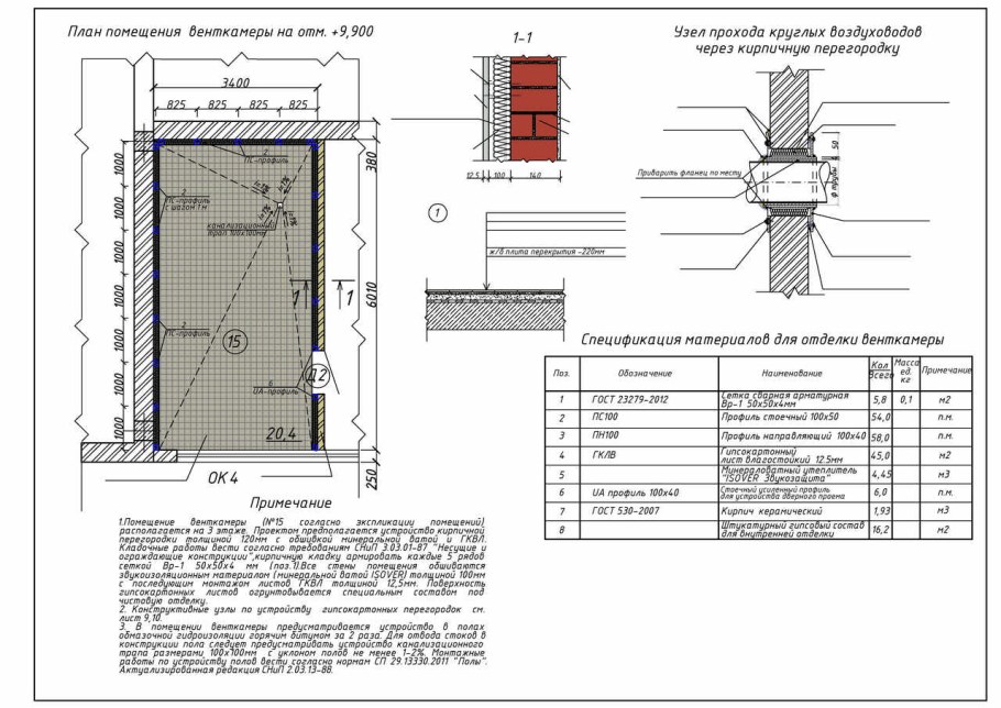 Узел кирпичной перегородки 120 мм