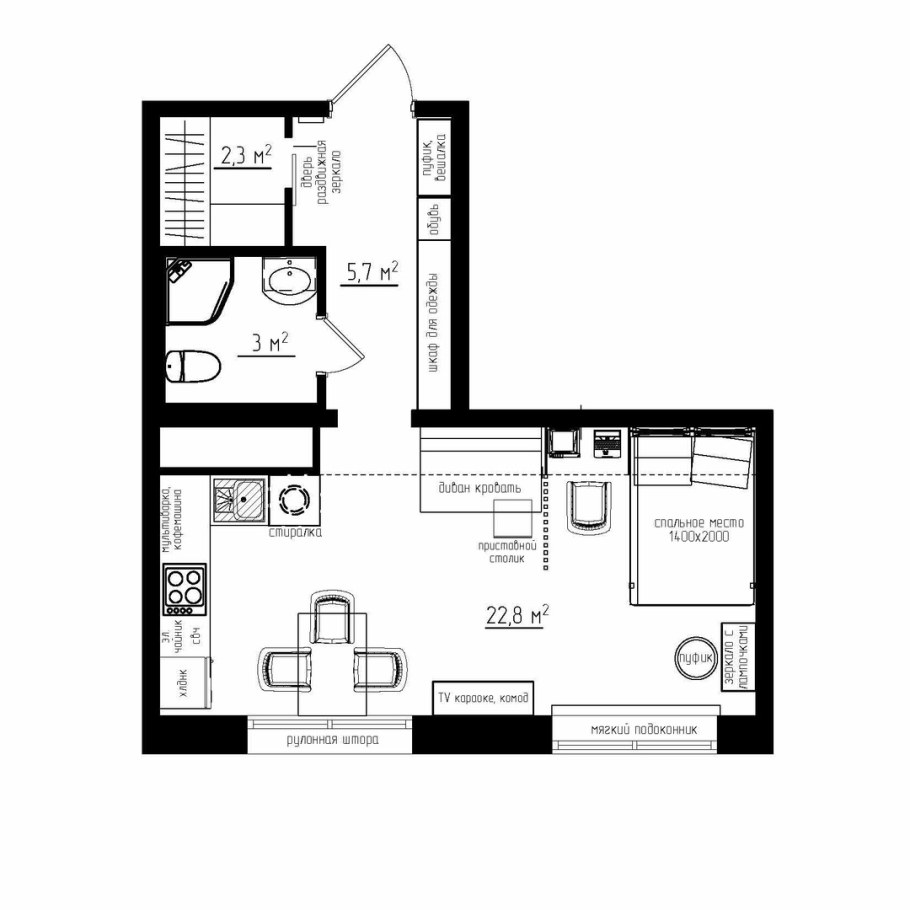 Планировка однокомнатной 34м2