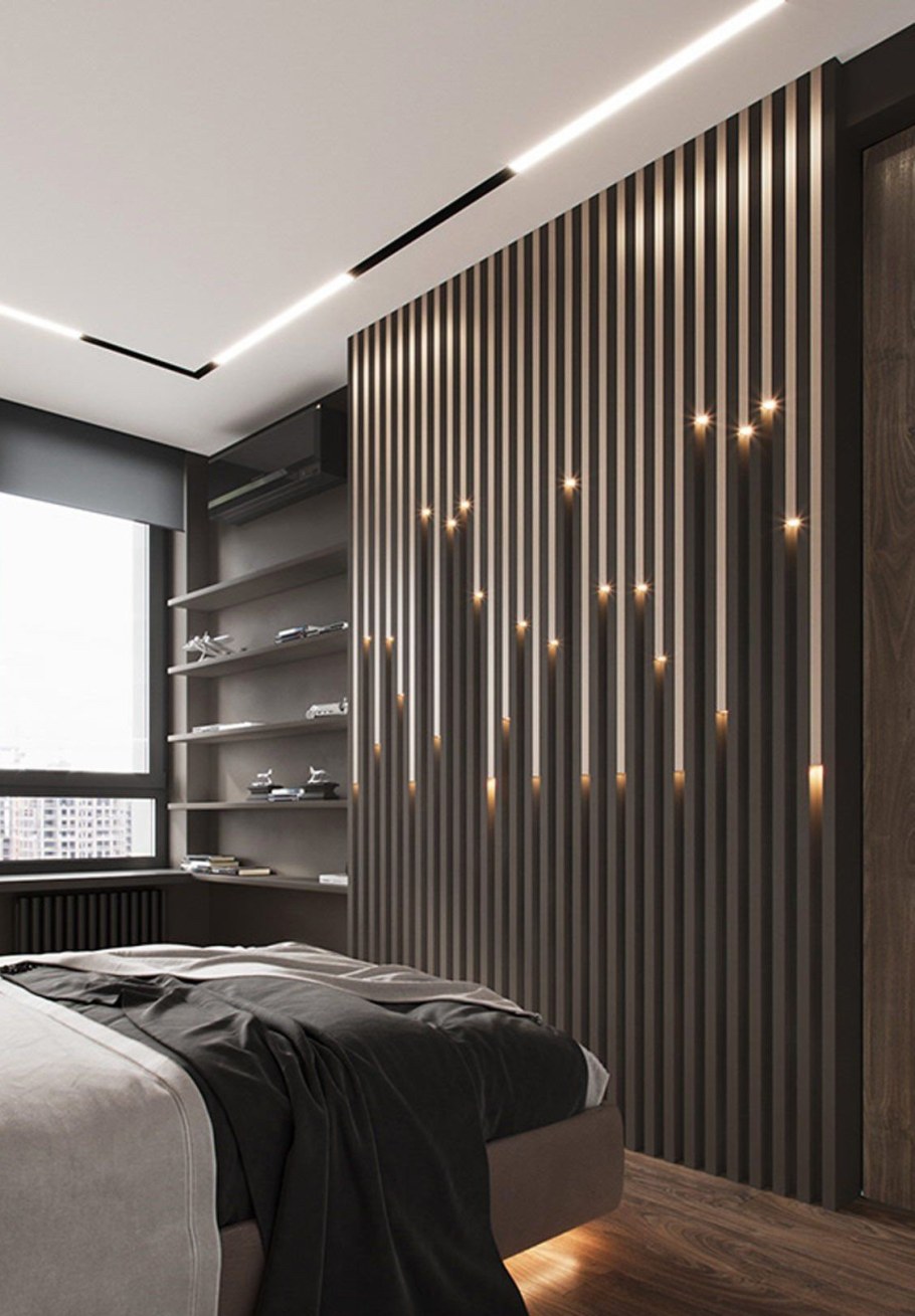 Деревянные рейки в спальне