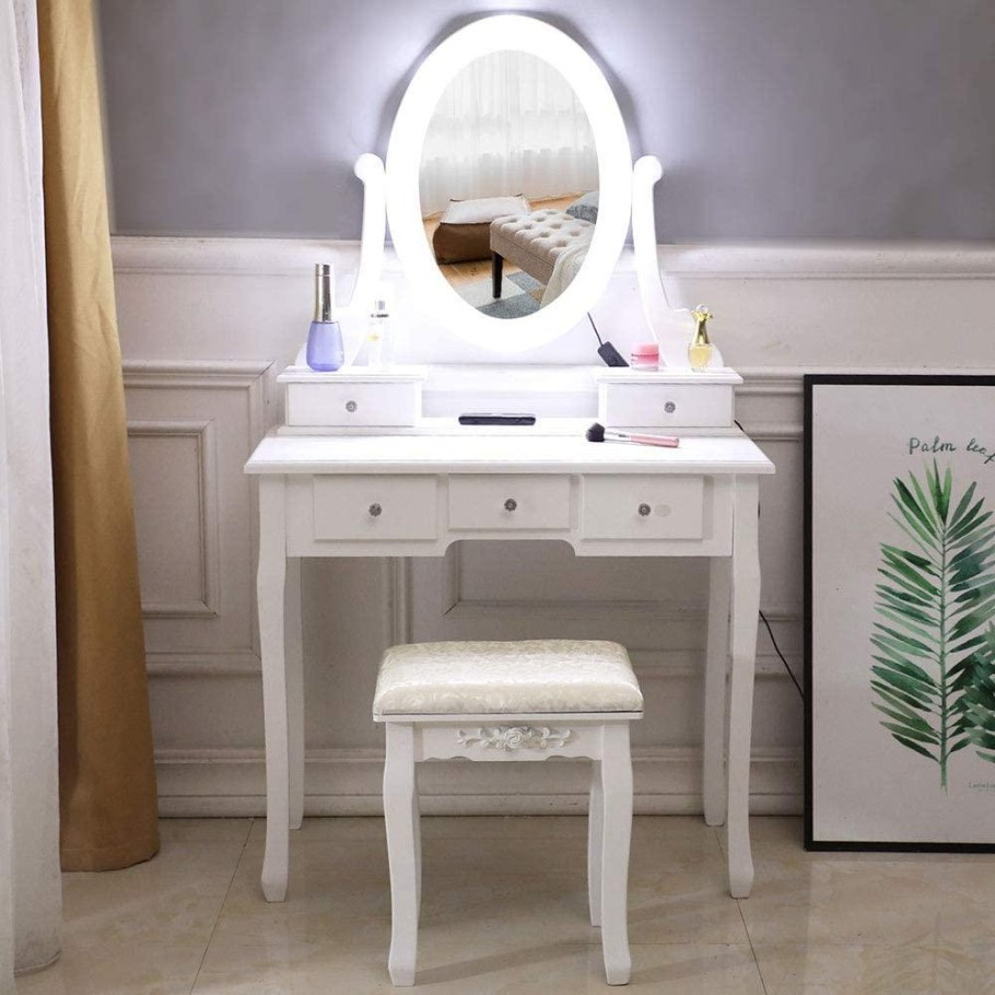Туалетный столик Dressing Table & Stool Set Makeup Vanity led Mirror Organizer Drawers Wood Desk