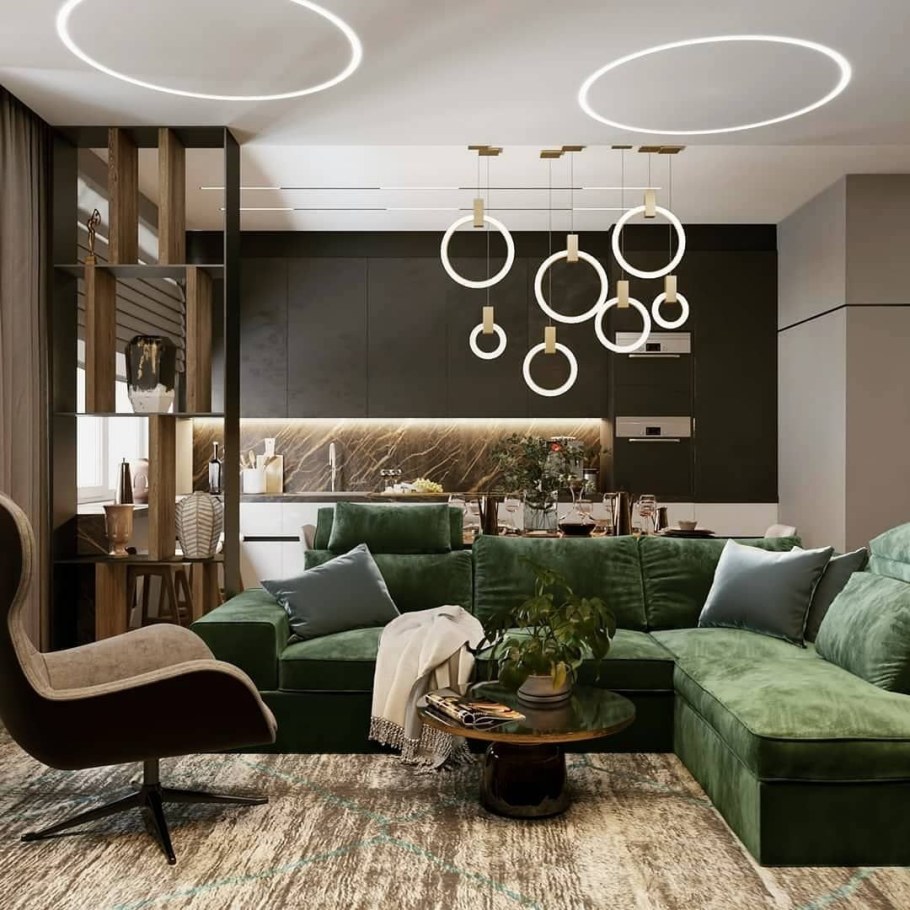 Гостиная в коричнево зеленых тонах