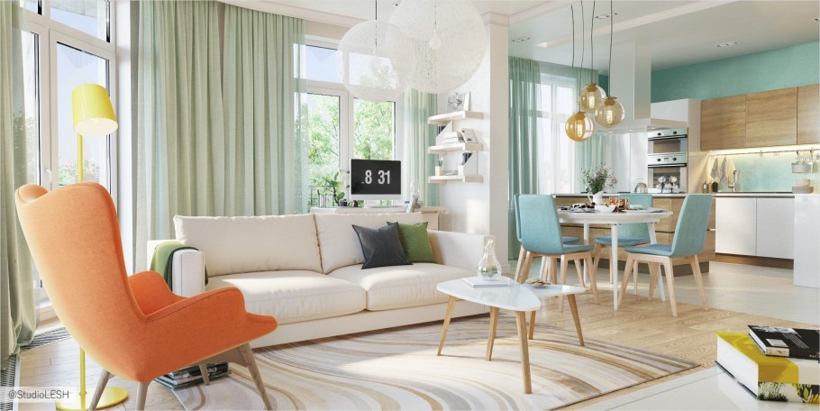 Кухня в пастельных тонах с яркими акцентами