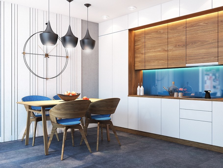 Сочетание синего и дерева в интерьере