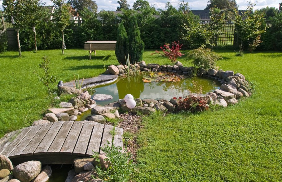 Пруд с мостиком в саду