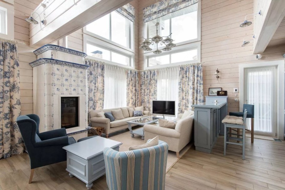 Кухня гостиная в стиле Прованс брусовой дом