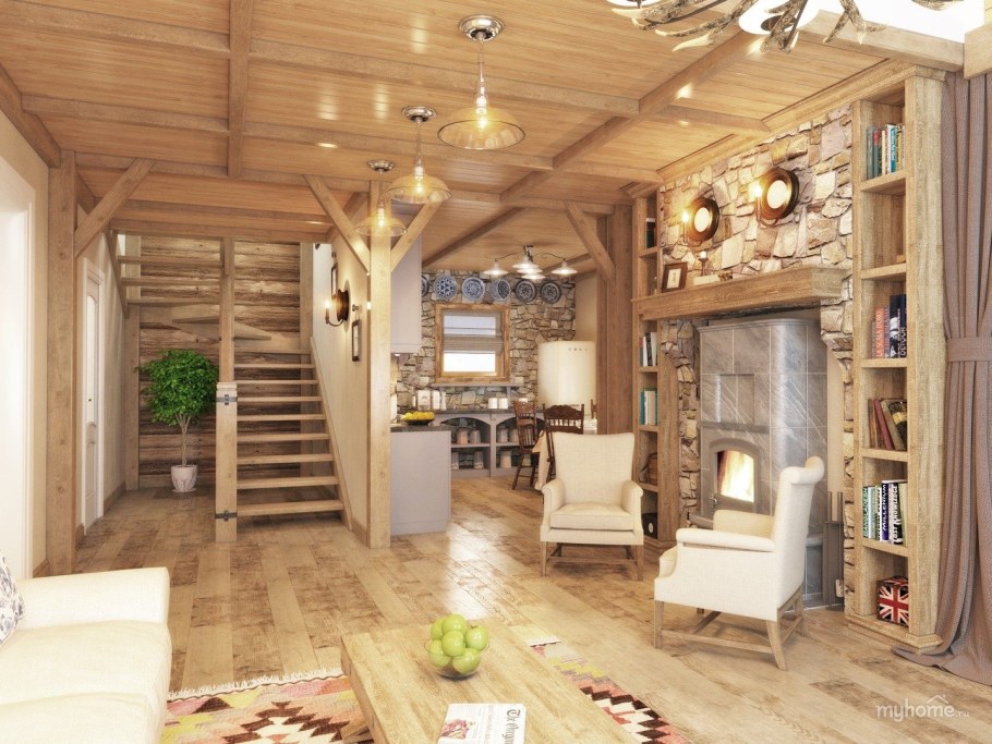 Уютная гостиная в деревянном доме