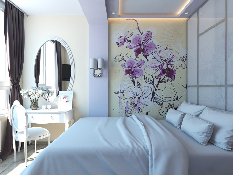 Спальня с сиренево голубыми обоями лилии
