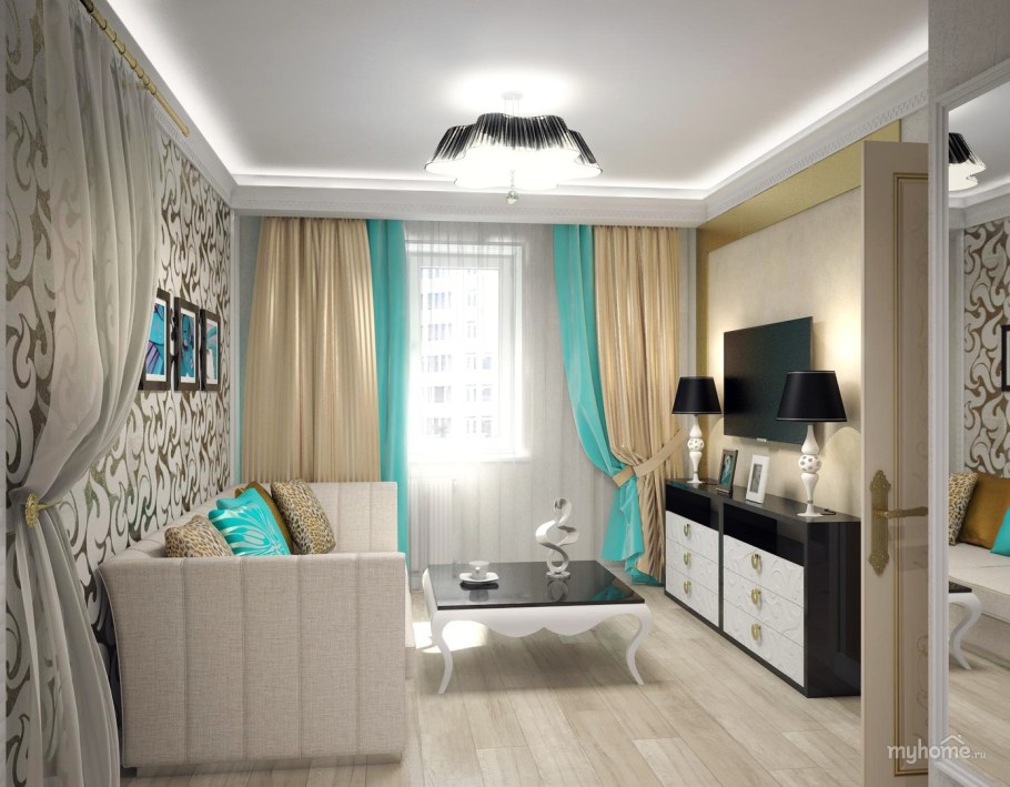 Гостиная в хрущевке в бирюзовых тонах