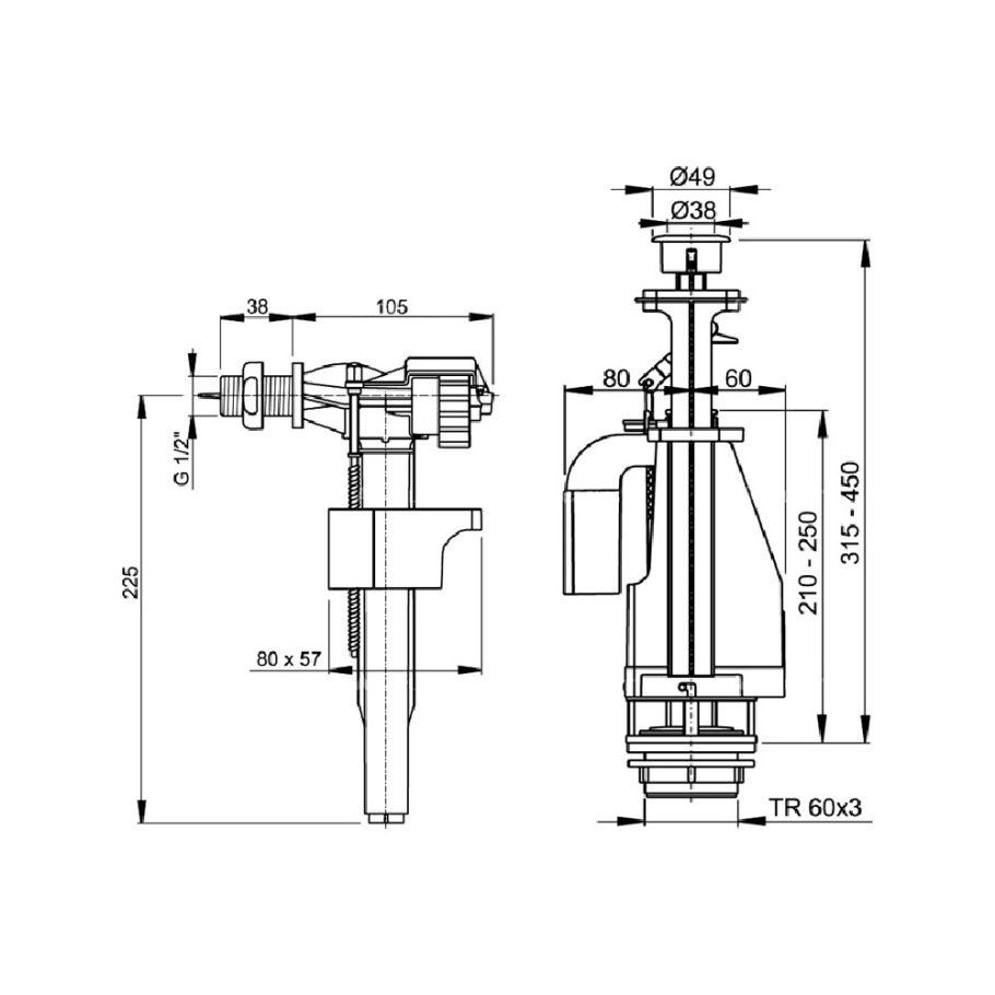 Комплект арматуры ALCAPLAST sa08sk 1/2 стоп-система нижняя
