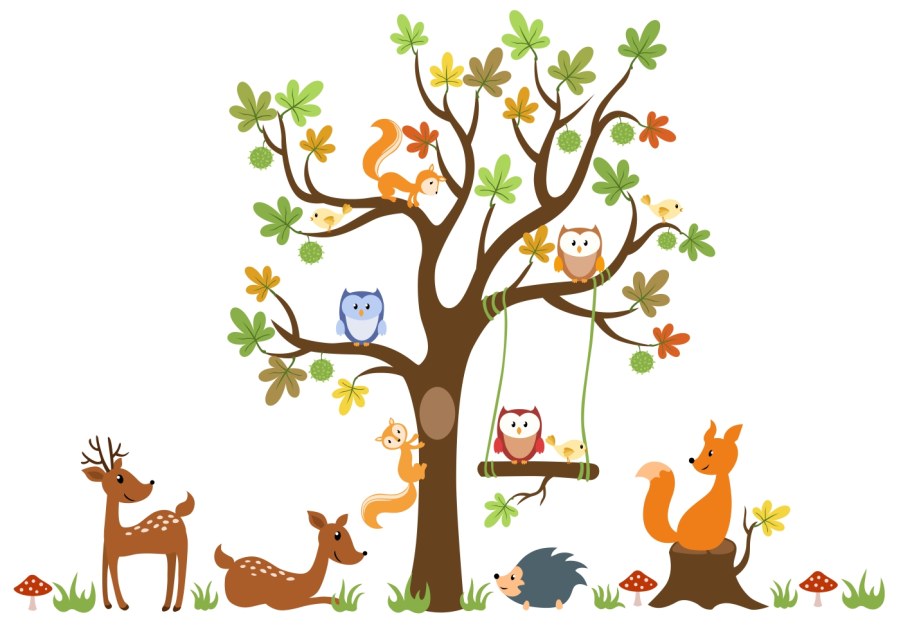 Картинка ветка дерева на стену в садик со зверушками