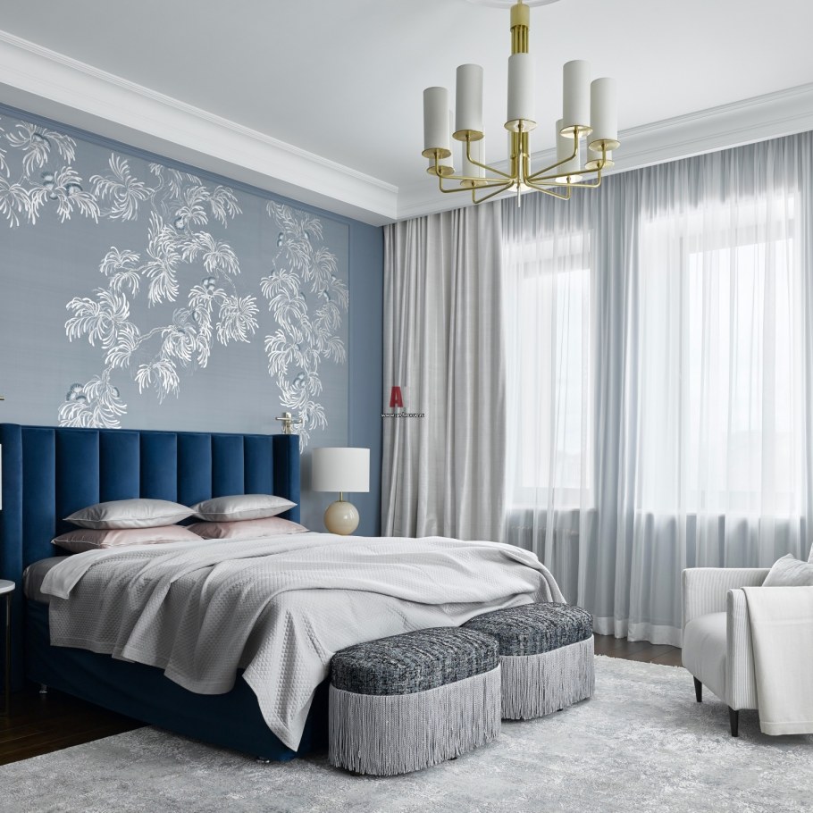 Голубые обои в спальне