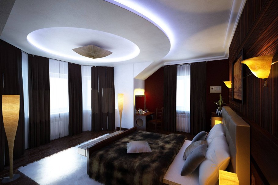 Двухуровневые натяжные потолки с подсветкой в спальню