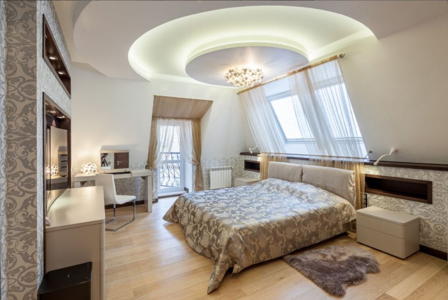 Двухуровневые потолки из гипсокартона в спальне