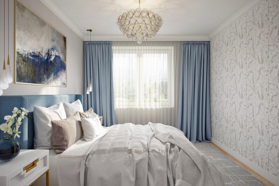 Шторы серо голубые в спальню