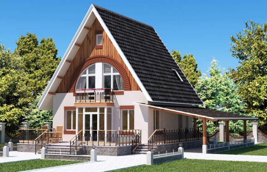 Дом с высокой мансардной крышей