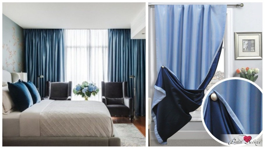 Синие шторы в сером интерьере