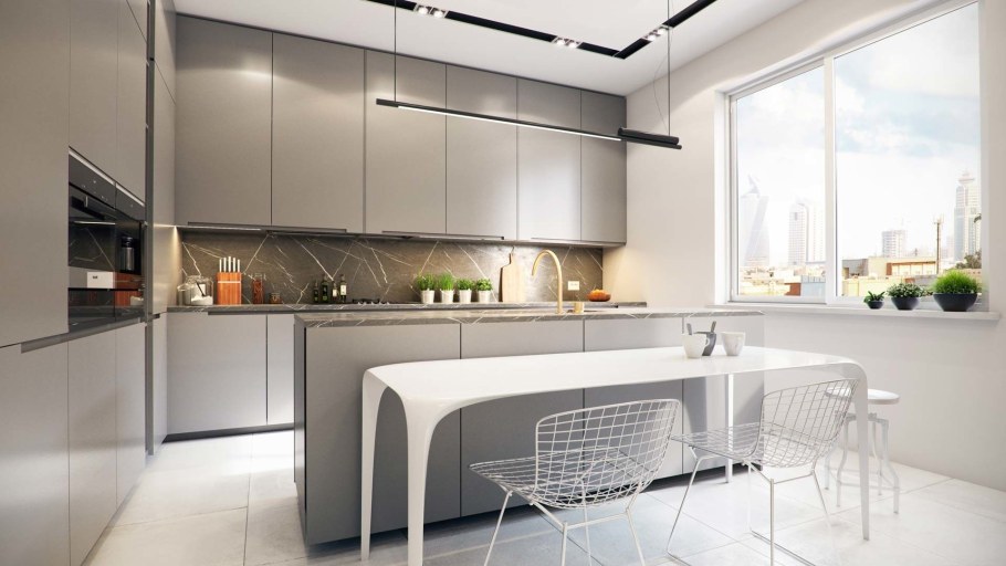 Кухни в стиле хайтек светло серые