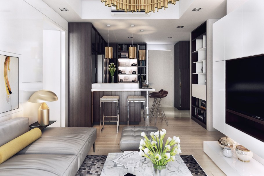Гостиная в стиле Контемпорари в маленькой квартире